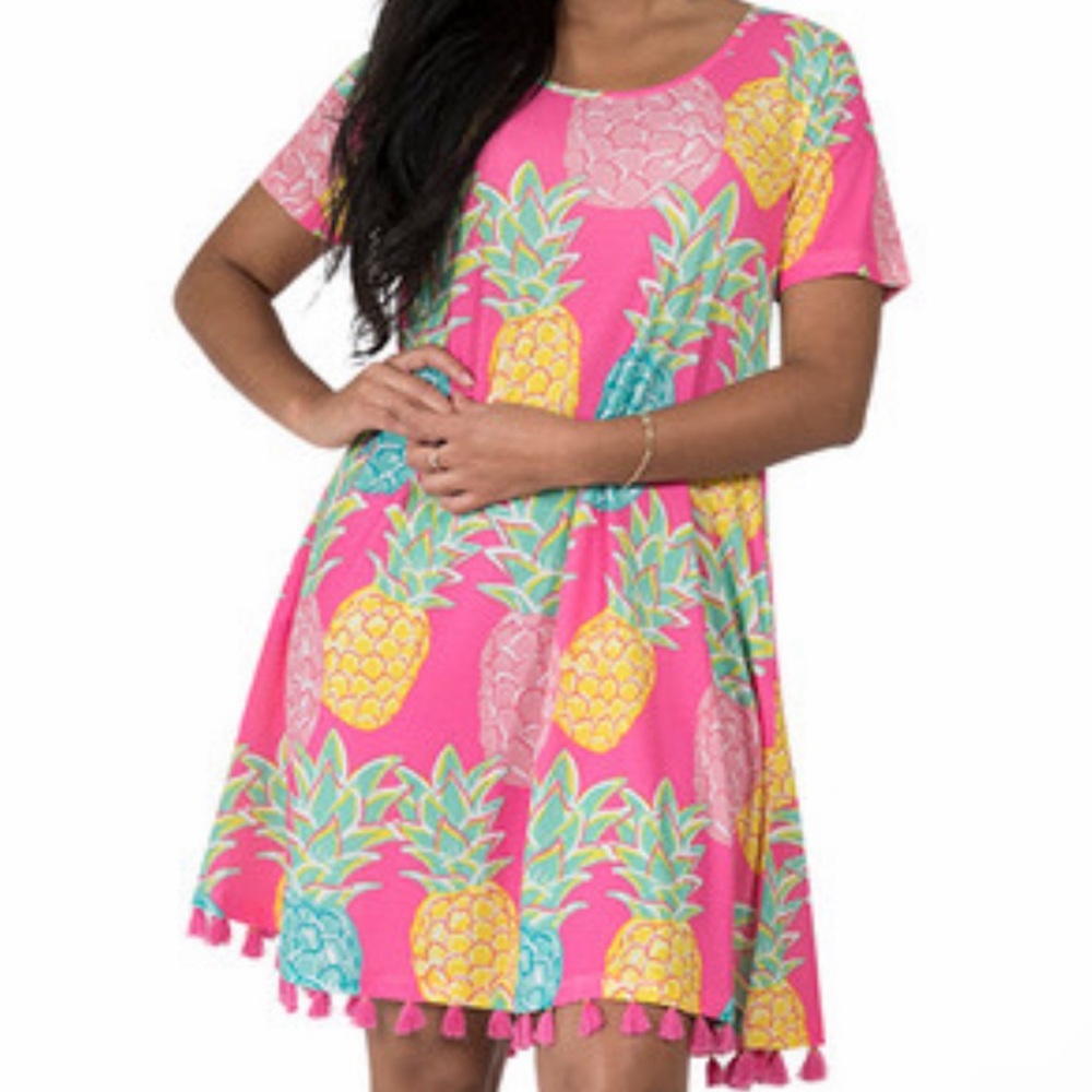 SIMPLY SOUTHERN Pink Pineapple Hawaiian Dress With Tassels‎ Tropical Vacation